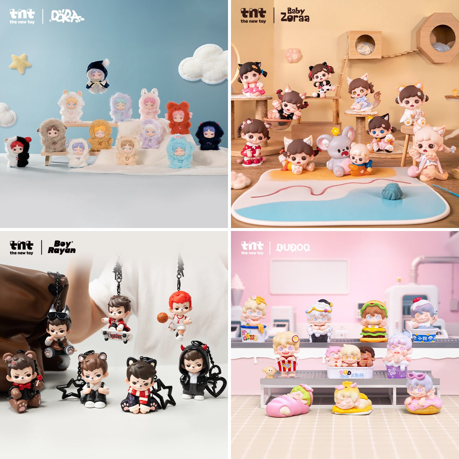 TNTSPACE designer-toy IPs: DORA, Baby Zoraa, Boy Rayan, DUDOO